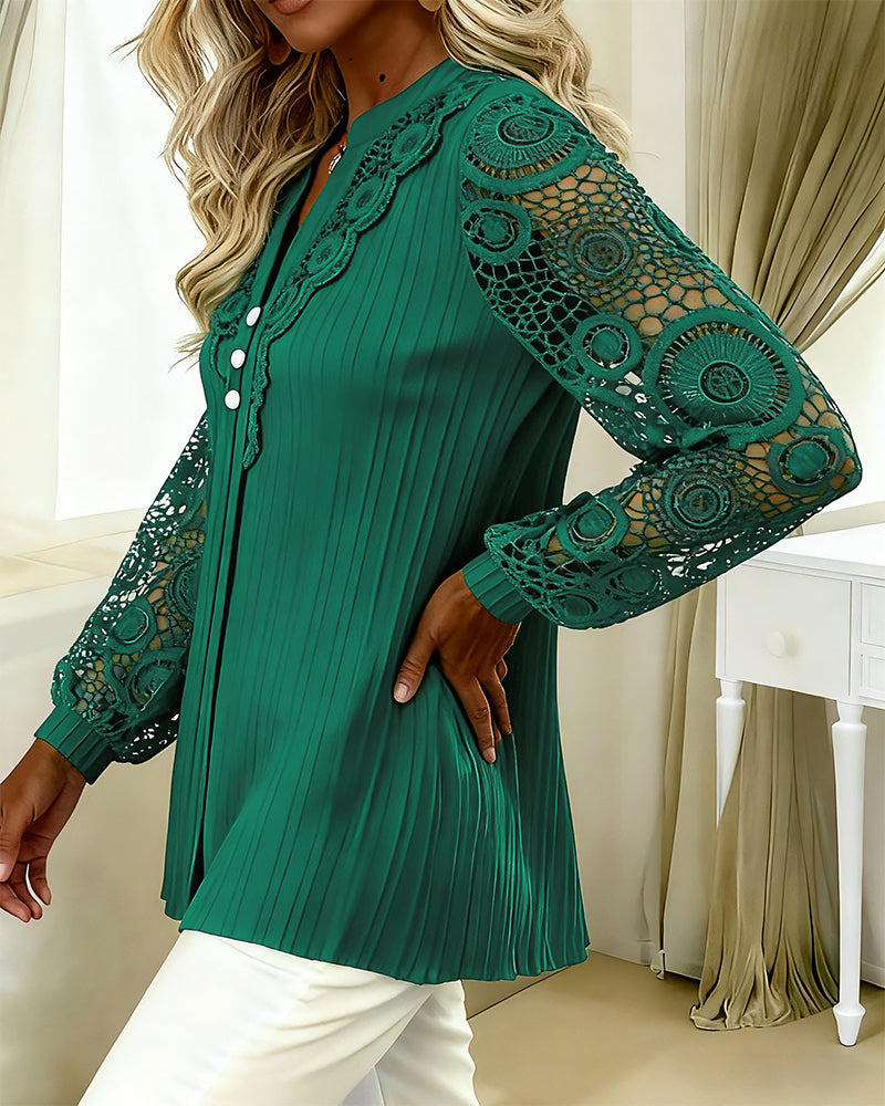Blouse Dentelle Panneaux Manches Longues Col V
