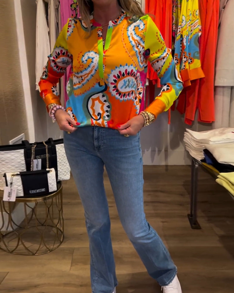 Blouse manches longues col V imprimé coloré