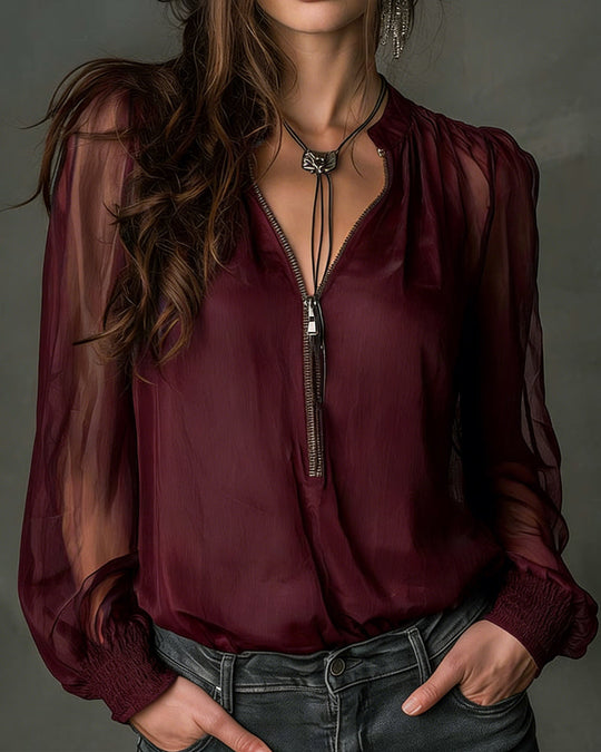 Blouse Demi-zippé Maille Manches-longues
