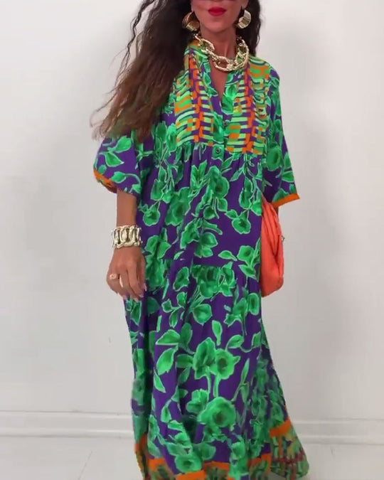 Robe longue décontractée imprimée à col en V