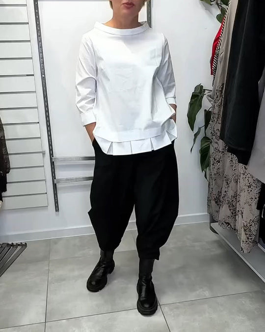 100% Coton Blouse Col Large Couleur Unie Décontracté