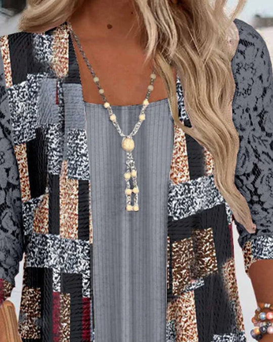 Bluse Manches Longues Imprimée Style Deux-Pièces Factice