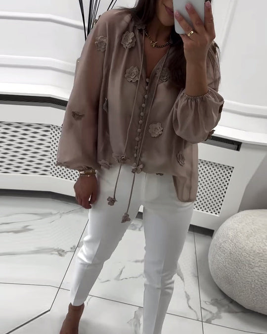 Blouse Unie Fleurs 3D À Lacets
