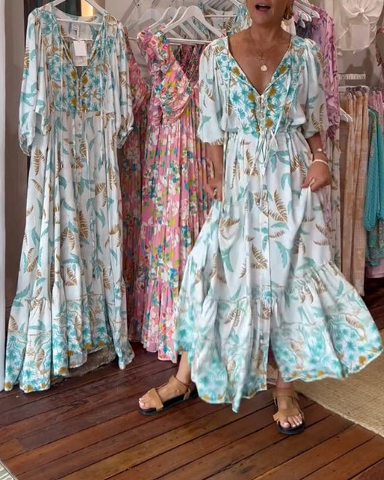 Robe longue femme col V imprimé feuilles
