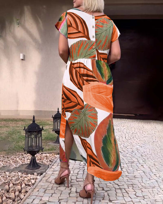 Robe fendue à manches courtes et imprimé feuilles