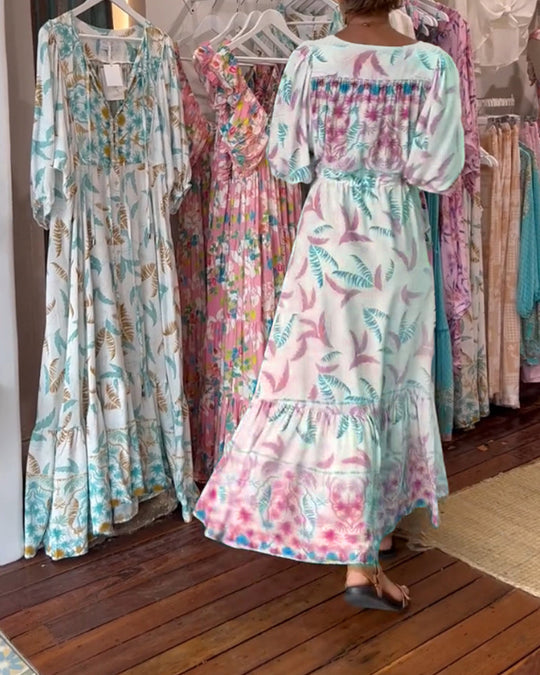 Robe longue femme col V imprimé feuilles
