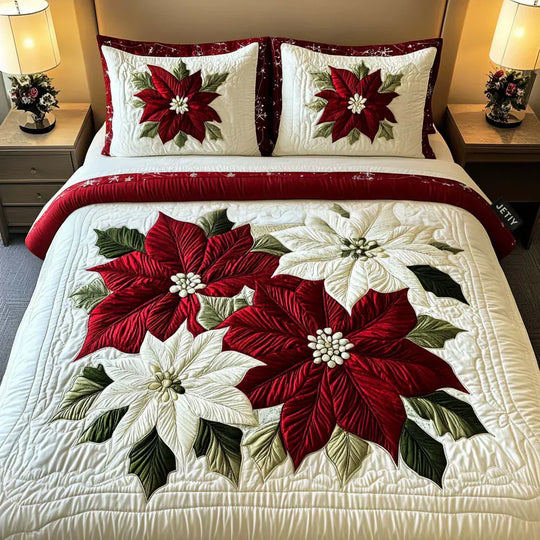 Ensemble de literie matelassé de 3 pièces - Poinsettias d'Hiver