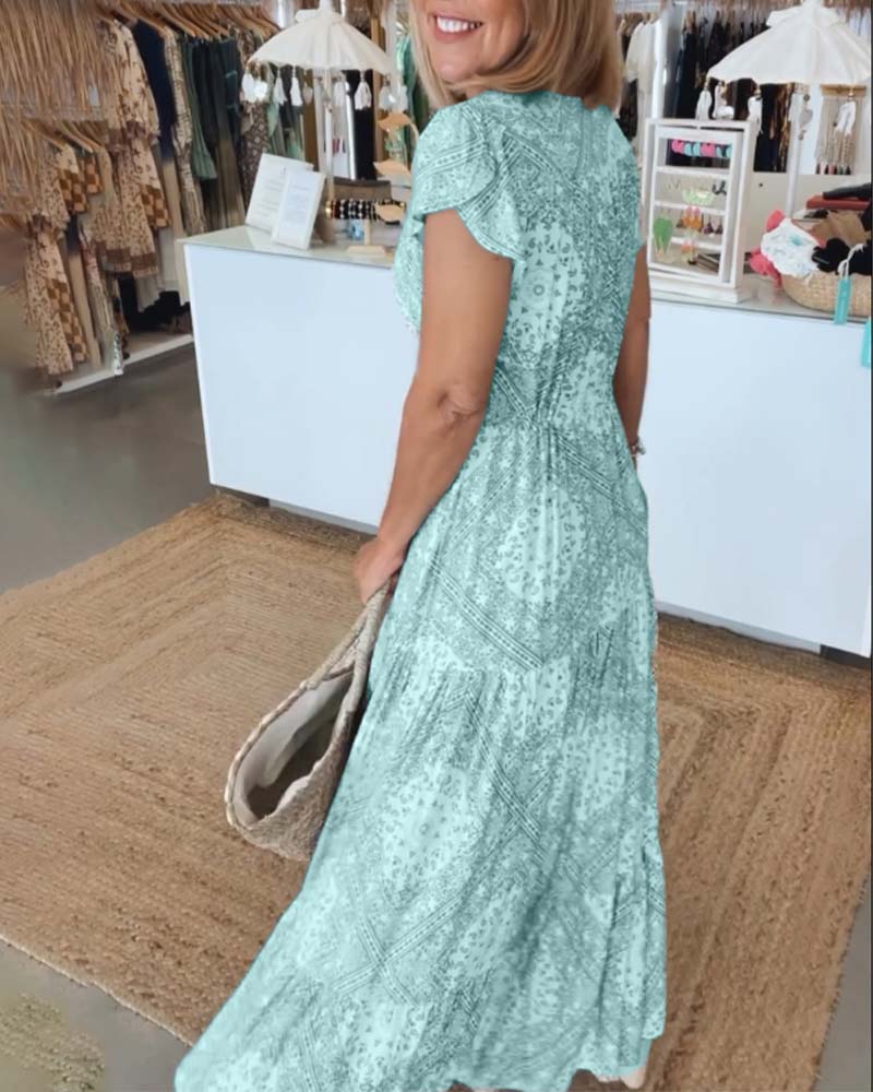 Robe à manches fendues et col en V imprimé vacances