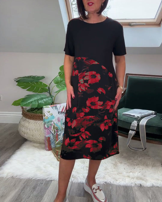 Robe patchwork décontractée à imprimé floral et col rond