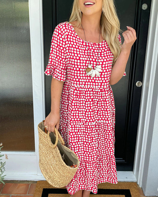 Robe midi col rond imprimé à pois