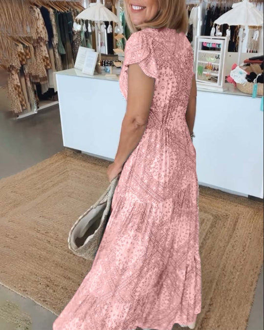 Robe à manches fendues et col en V imprimé vacances