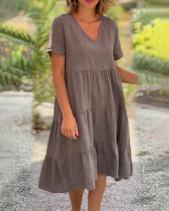 Robe en coton lin avec col en V de couleur unie