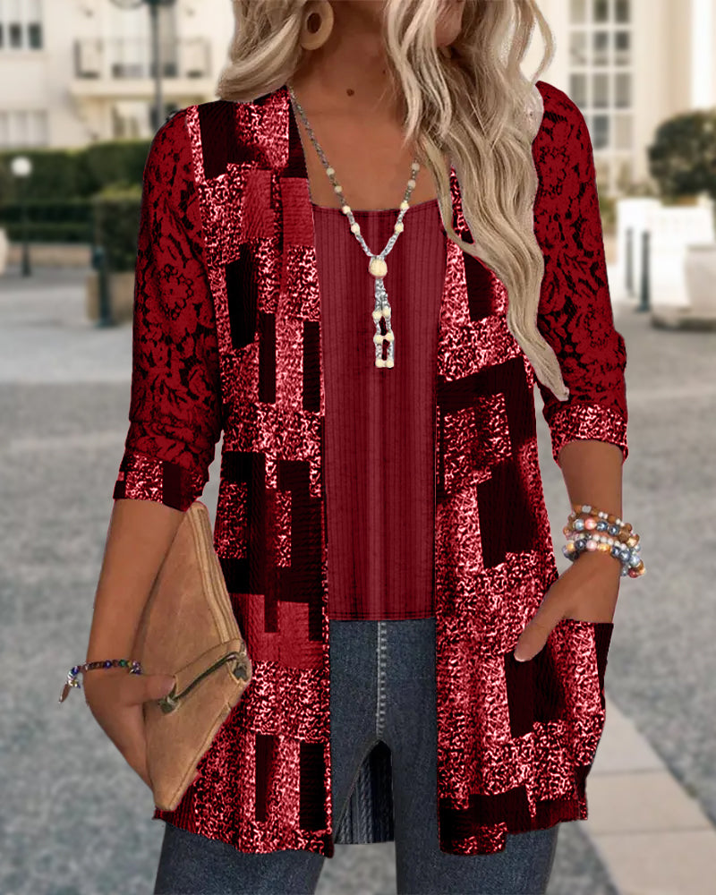 Bluse Manches Longues Imprimée Style Deux-Pièces Factice