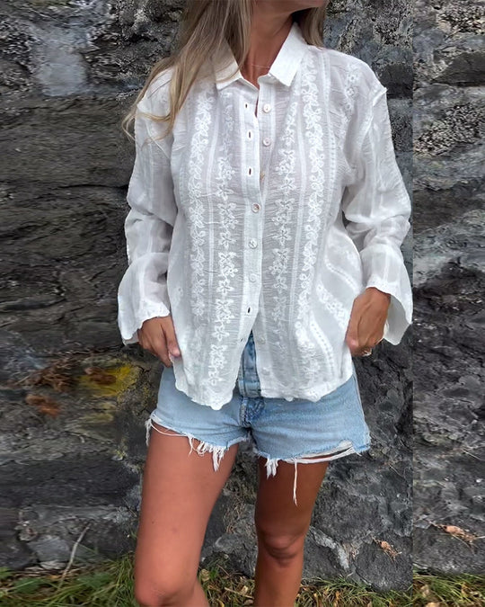 Chemise Brodée Creuse Col Polo Décontractée
