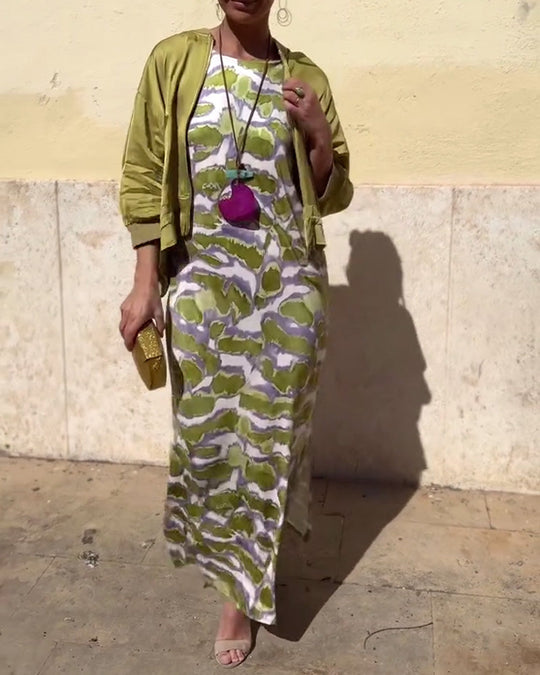 Ensemble Robe Imprimée Sans Manches Et Manteau