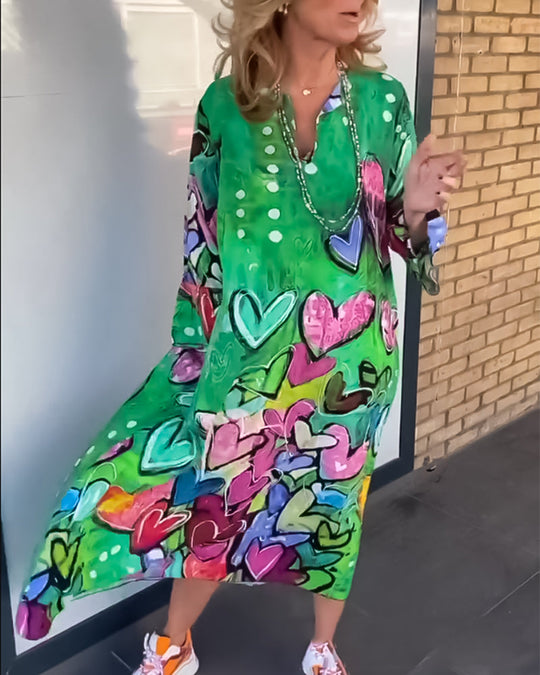 Robe à col en V à imprimé cœur avec manches longues