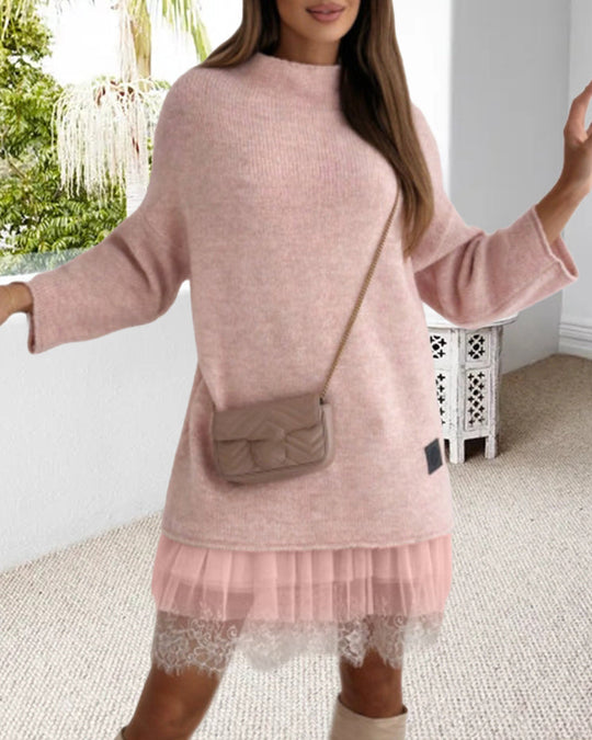 Ensemble robe pull col montant en maille décontractée de couleur unie