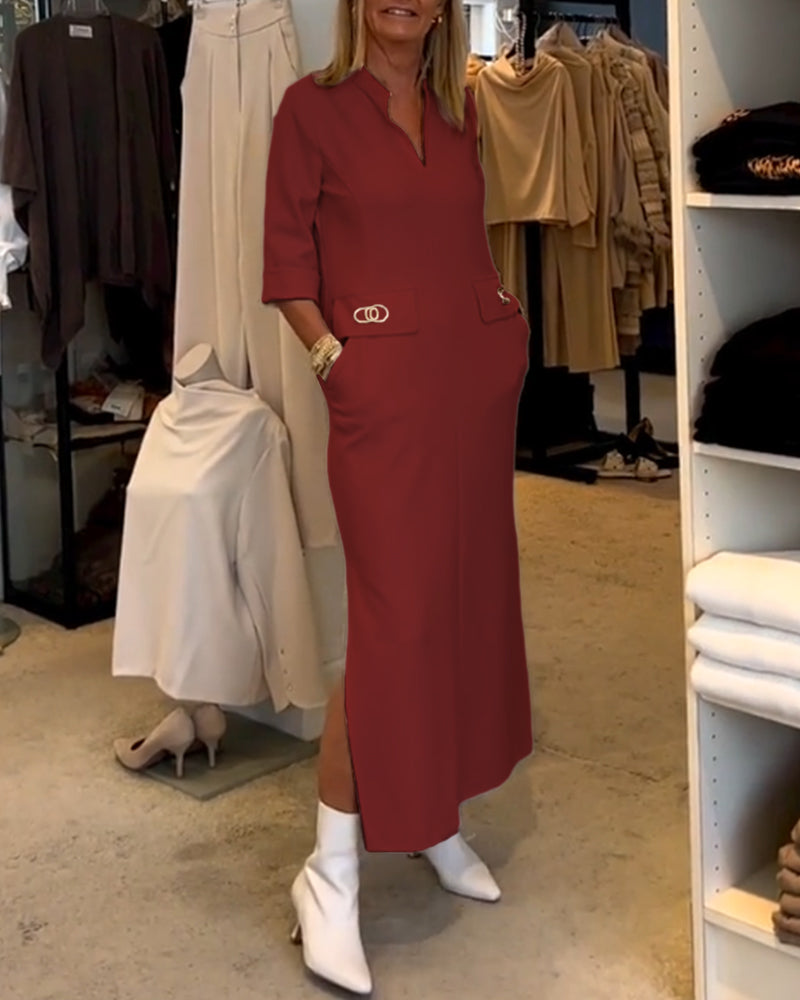 Robe fendue à manches 3/4 de couleur unie