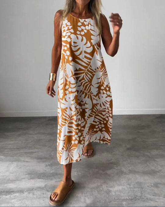 Robe décontractée sans manches à imprimé feuilles