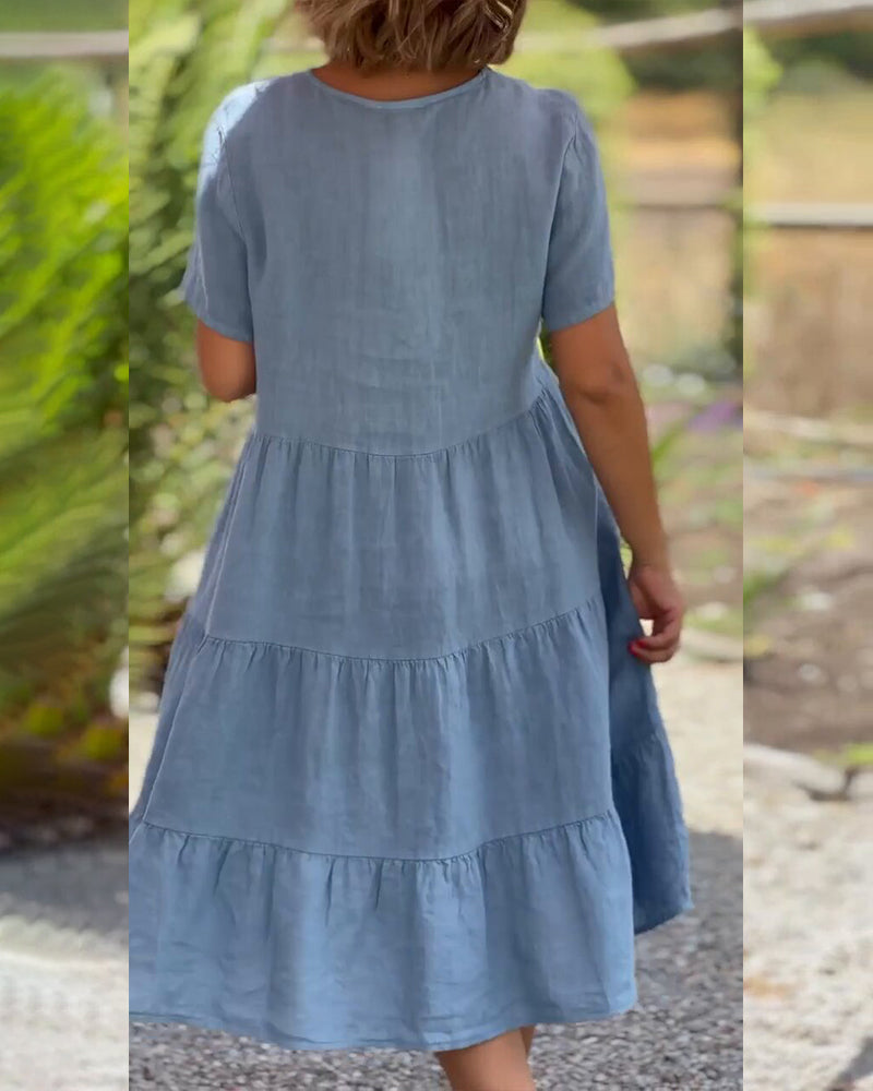 Robe en coton lin avec col en V de couleur unie