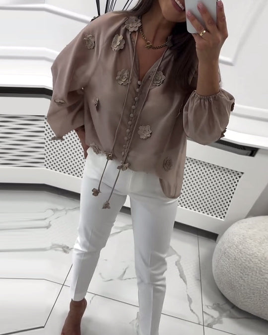 Blouse Unie Fleurs 3D À Lacets
