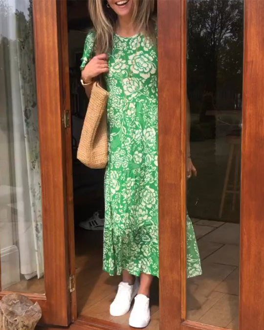 Robe longue à manches courtes imprimée de fleurs