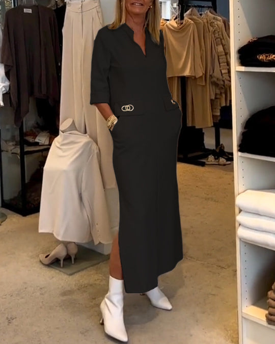 Robe fendue à manches 3/4 de couleur unie