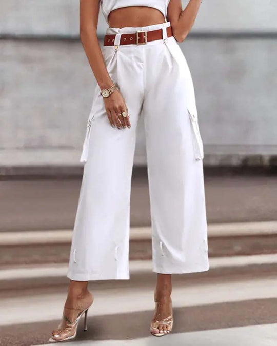 Pantalon cargo décontracté avec poche de couleur unie