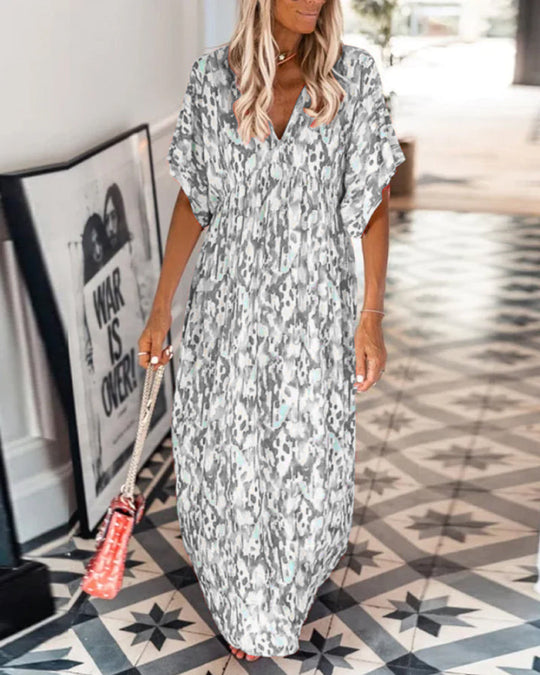 Robe tendance à col en V imprimée à manches courtes
