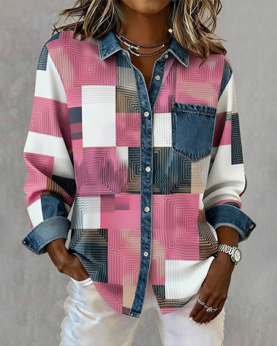 Chemise Color Block Revers À La Mode