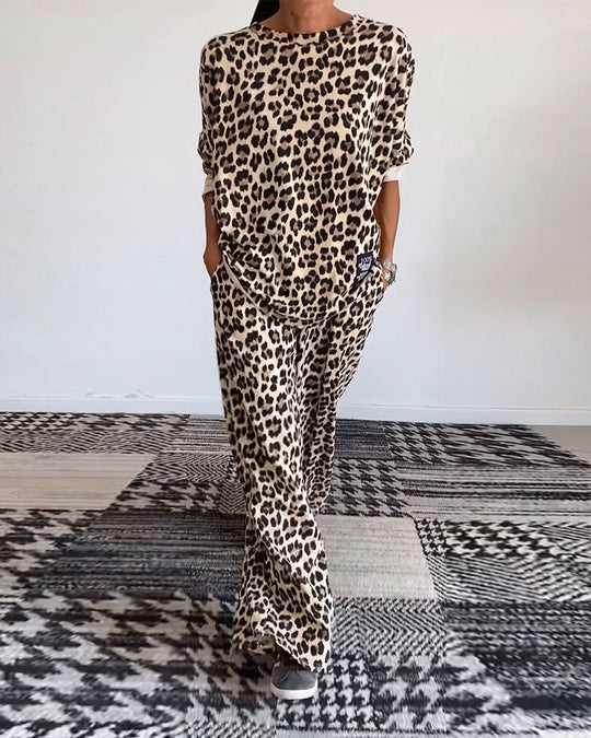 Ensemble décontracté à imprimé léopard avec haut ras du cou et poche, pantalon à jambe large