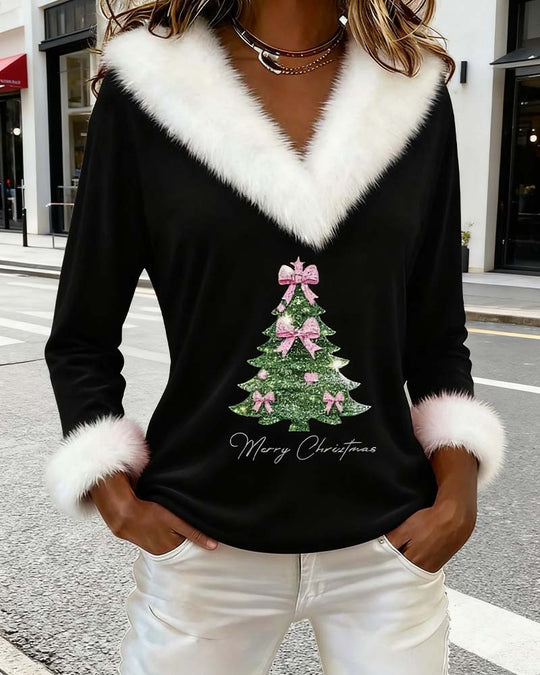 Top Grand Col Fourrure Imprimé Noël