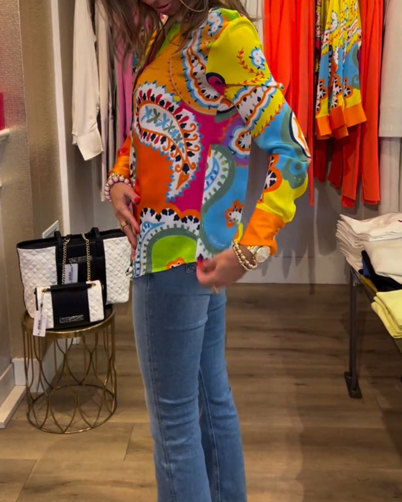 Blouse manches longues col V imprimé coloré
