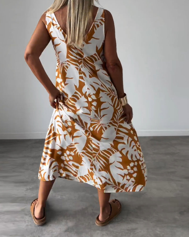 Robe décontractée sans manches à imprimé feuilles
