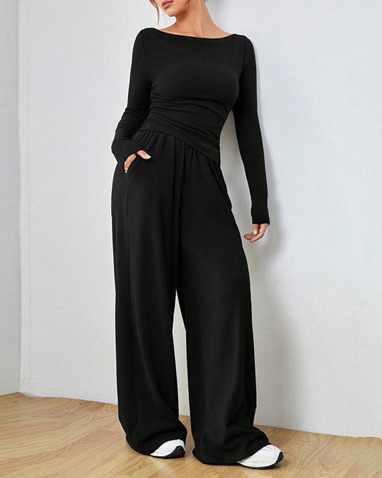Ensemble deux pièces - haut de couleur unie et pantalon large