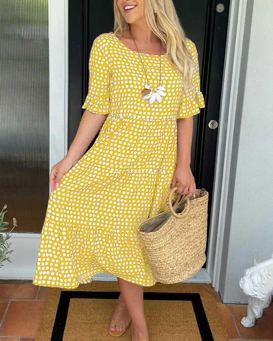 Robe midi col rond imprimé à pois