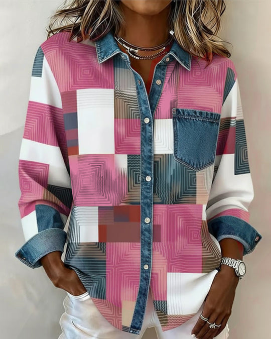 Chemise Color Block Revers À La Mode