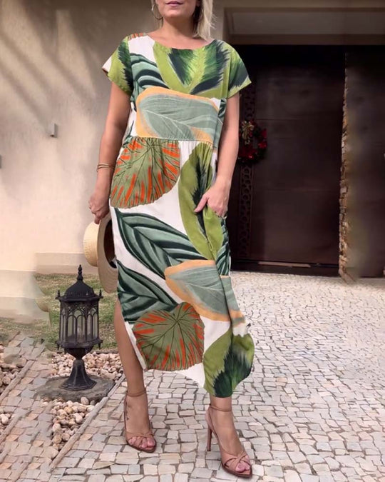 Robe fendue à manches courtes et imprimé feuilles