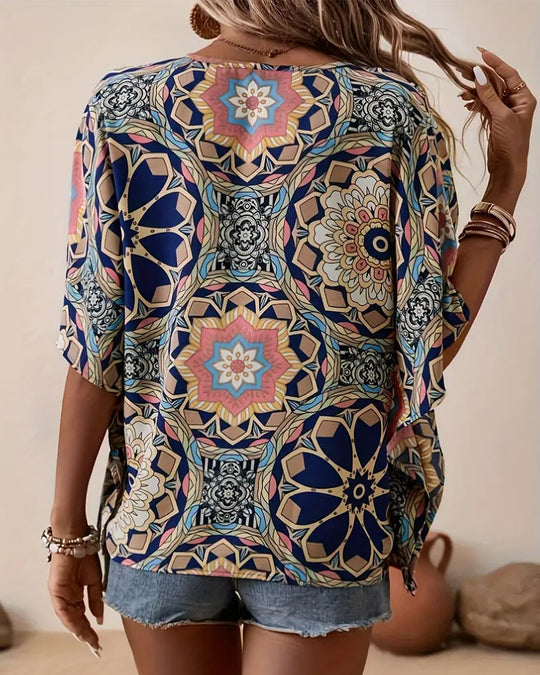 Blouse à demi-manches boutons avec col en V et imprimé rétro