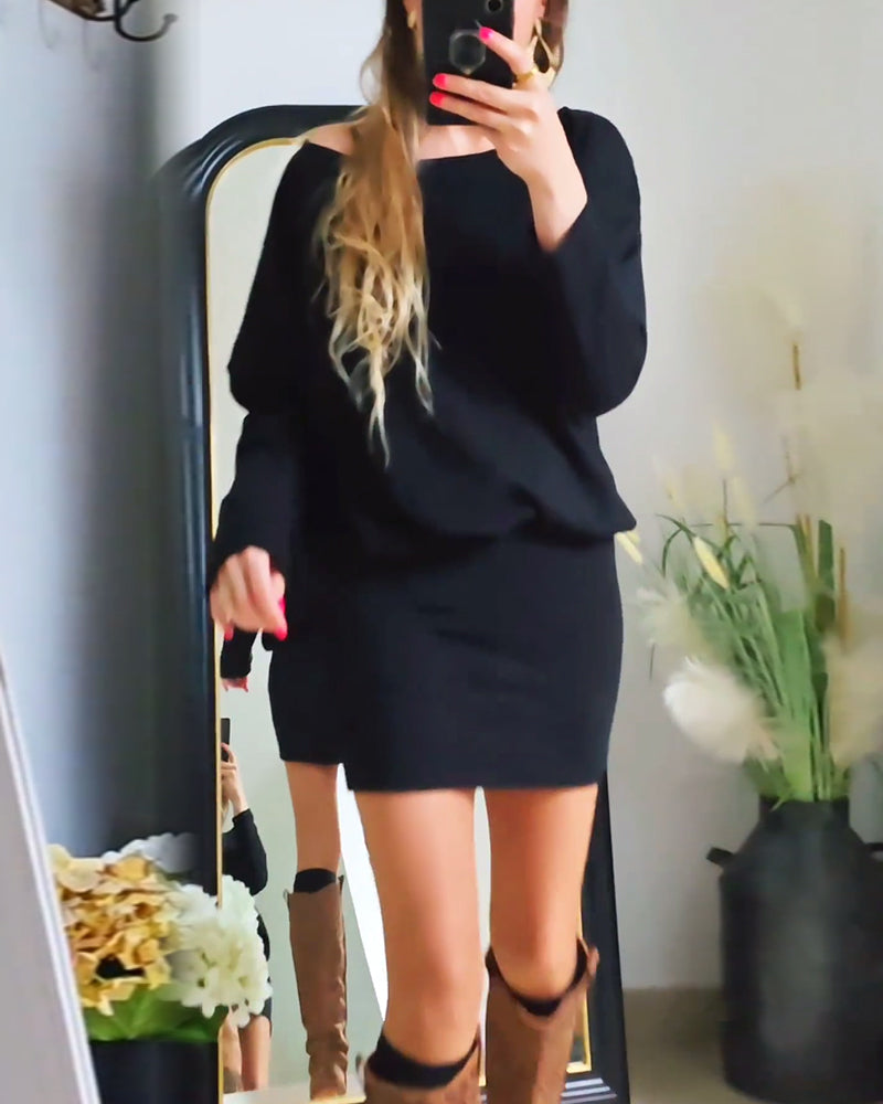 Robe tendance à manches longues et col rond de couleur unie