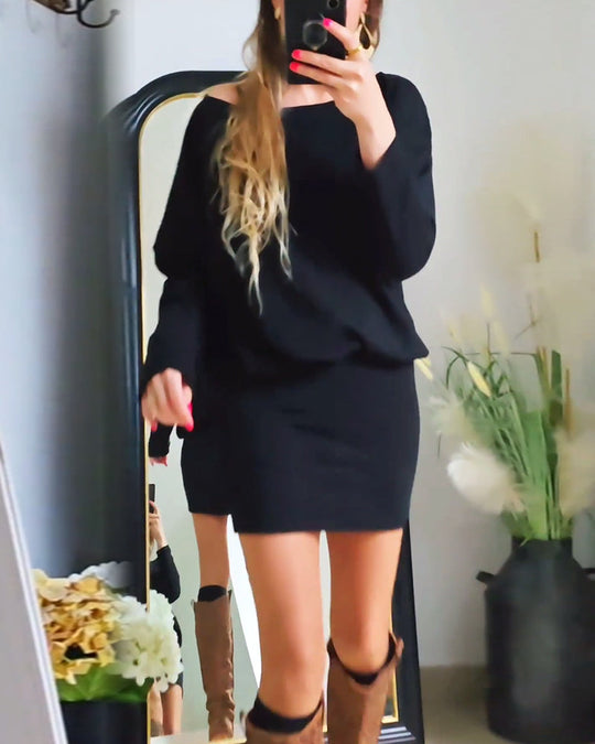 Robe tendance à manches longues et col rond de couleur unie