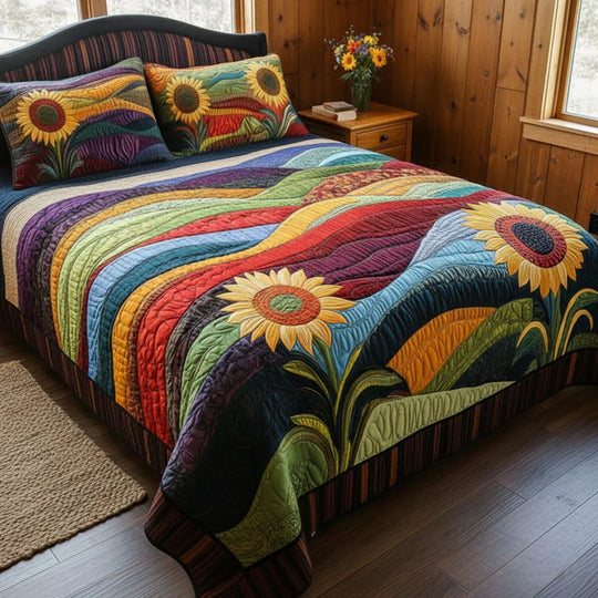 Ensemble de lit matelassé de 3 pièces - Champ de Tournesols