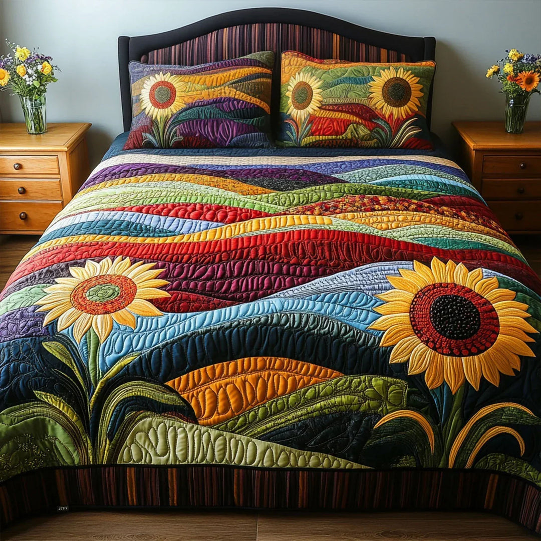 Jeu de lit matelassé de 3 pièces - Champ de Tournesols