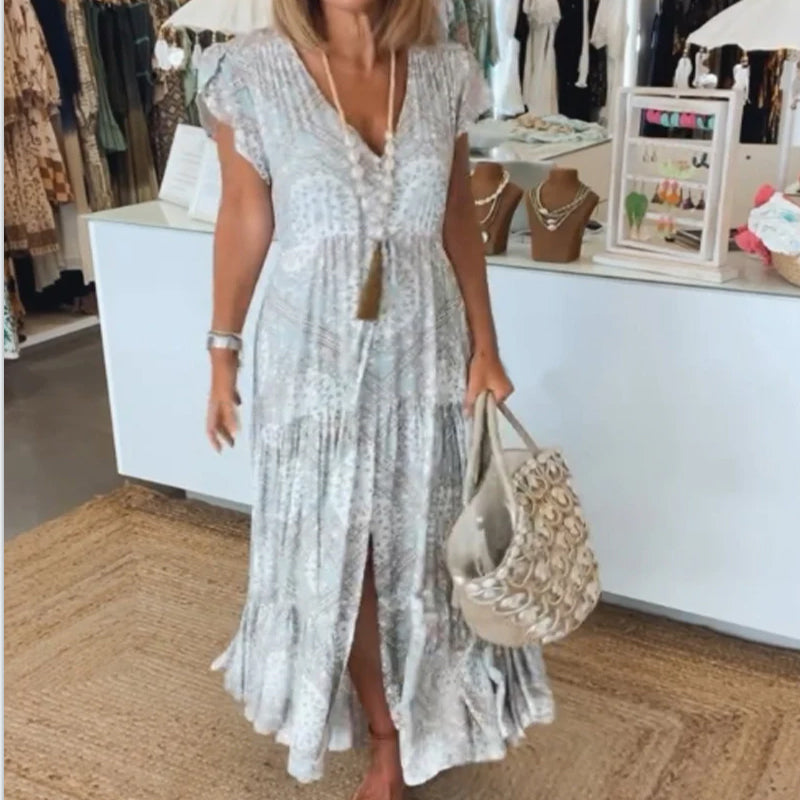 Robe à manches fendues et col en V imprimé vacances