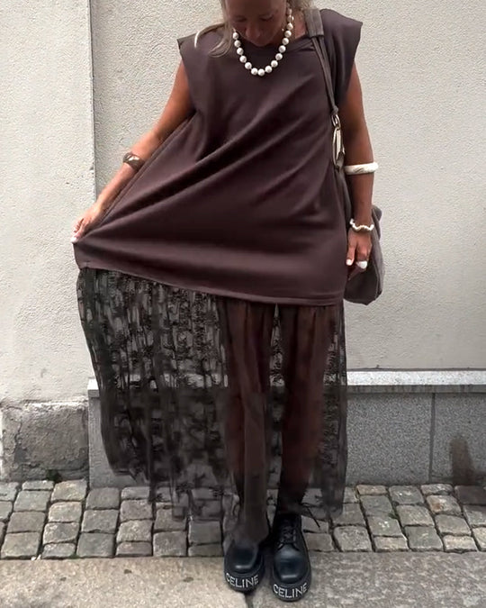 Robe sans Manches en Mesh et Patchwork