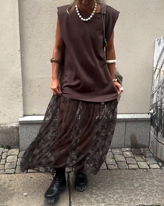 Robe sans Manches en Mesh et Patchwork
