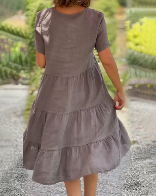 Robe en coton lin avec col en V de couleur unie