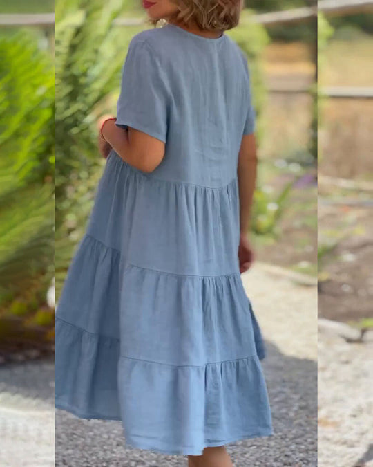 Robe en coton lin avec col en V de couleur unie