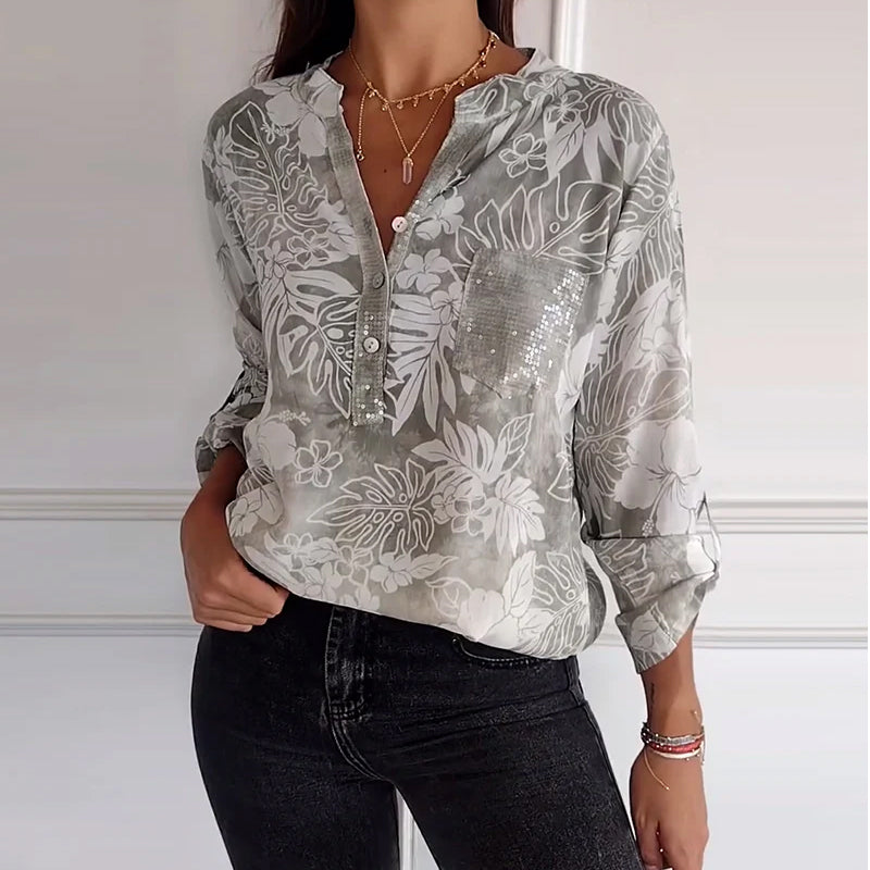 Haut imprimé feuilles à sequins patchwork
