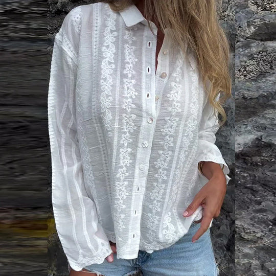 Chemise Brodée Creuse Col Polo Décontractée